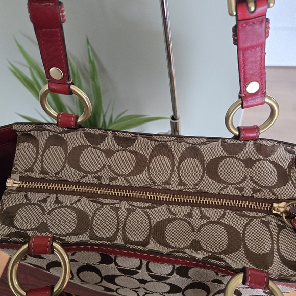 Coach Maroon Leather trim Monogram Shoulder Tote Bag - Picture 5 of 15